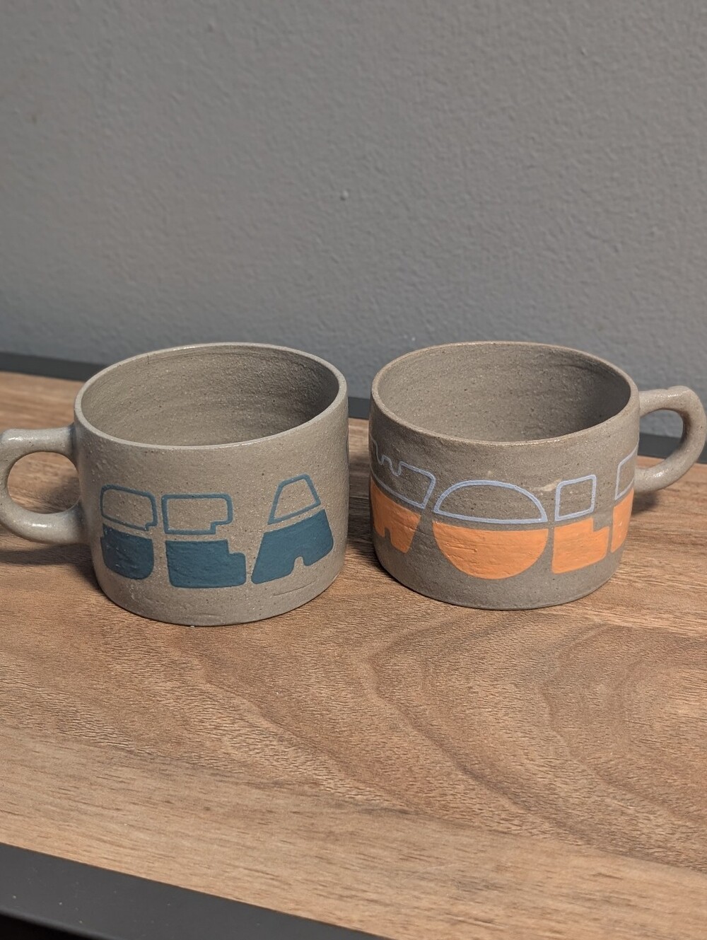 Rare Seawolf Ceramics Custom Mug Orange & Blue Geometric Stoneware Set Of 2 PNW
